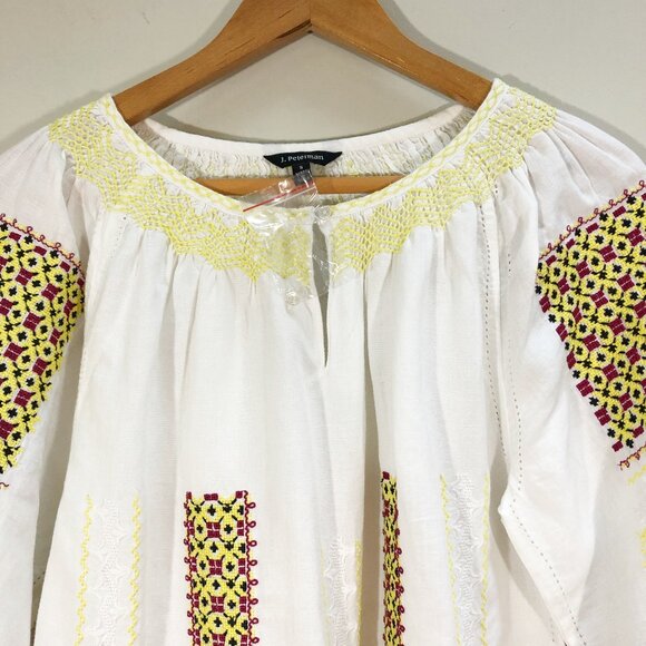 NWT! J. PETERMAN Paradise Linen Embroidered Boho Relaxed Fit Peasant Blouse S - Picture 3 of 12